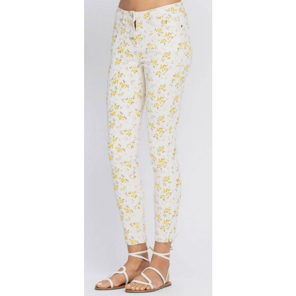 Judy Blue NWT Floral Skinny Jeans Mid Rise White Yellow JB8809 Size 15(32) - Picture 2 of 5